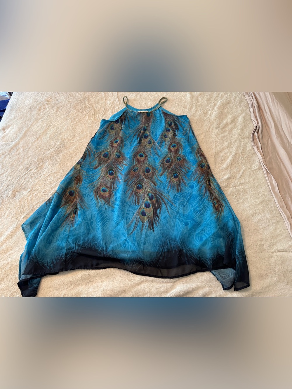Indigo Soul Blue spaghetti straps dress with peacock feathers